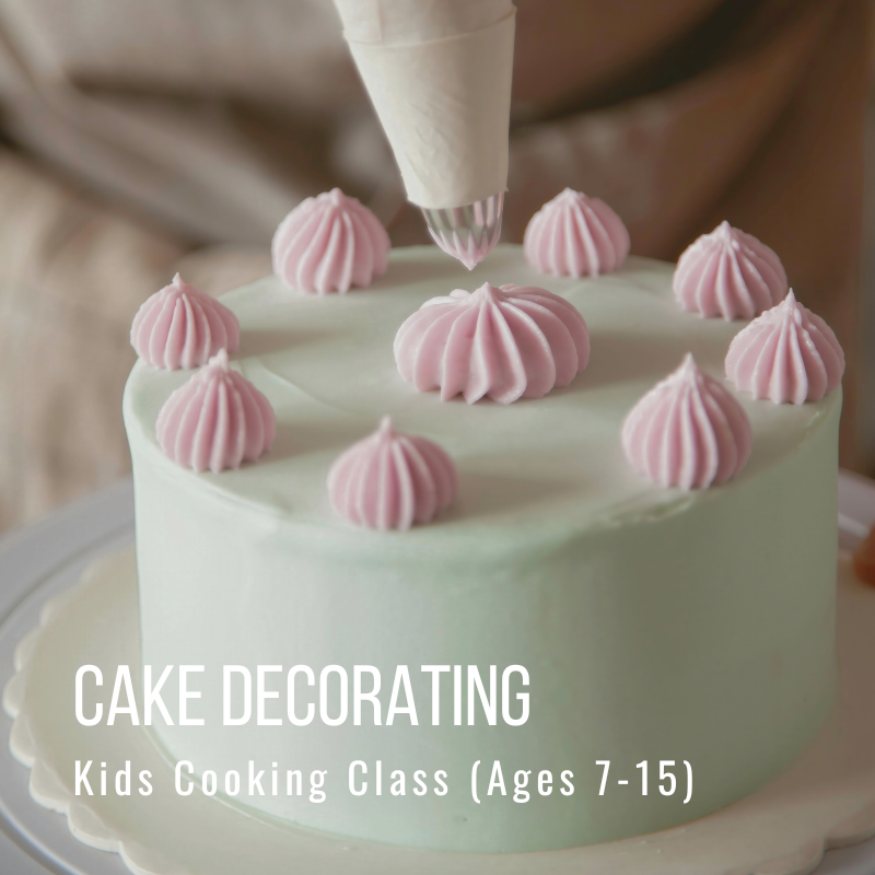 Frosting a cake with pink swirls and text: 'Cake Decorating Kids Cooking Class (Ages 7-15).'