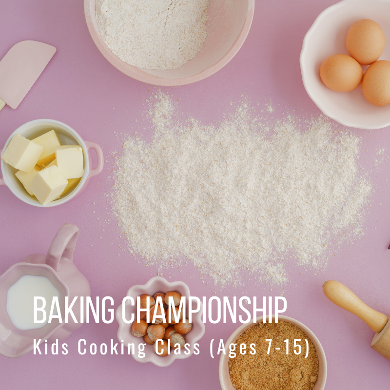 Baking ingredients on a purple surface with text 'Baking Championship Kids Cooking Class (Ages 7-15)'.
