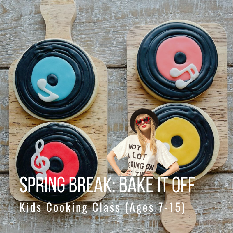 Vinyl record cookies with spring break kids cooking class text and a woman illustration.