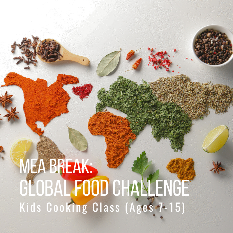Spices shaped as continents on white background with cooking class text overlay.