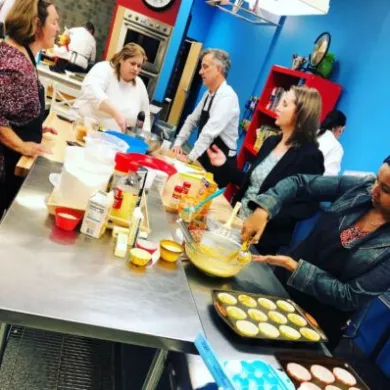 a group of people sitting at a table