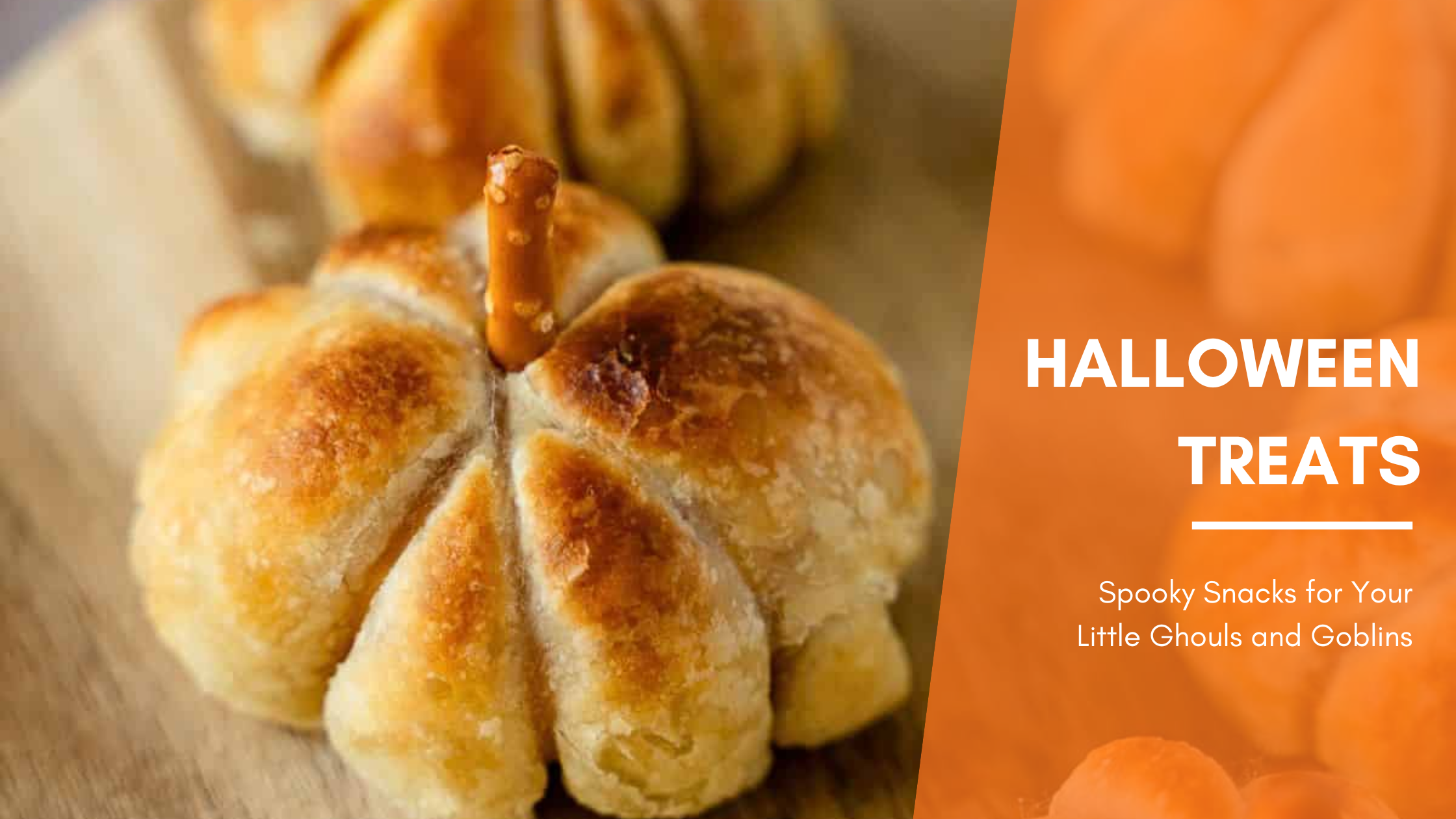 Pumpkin-shaped pastry with pretzel stem, text reads 'Halloween Treats' on orange background.