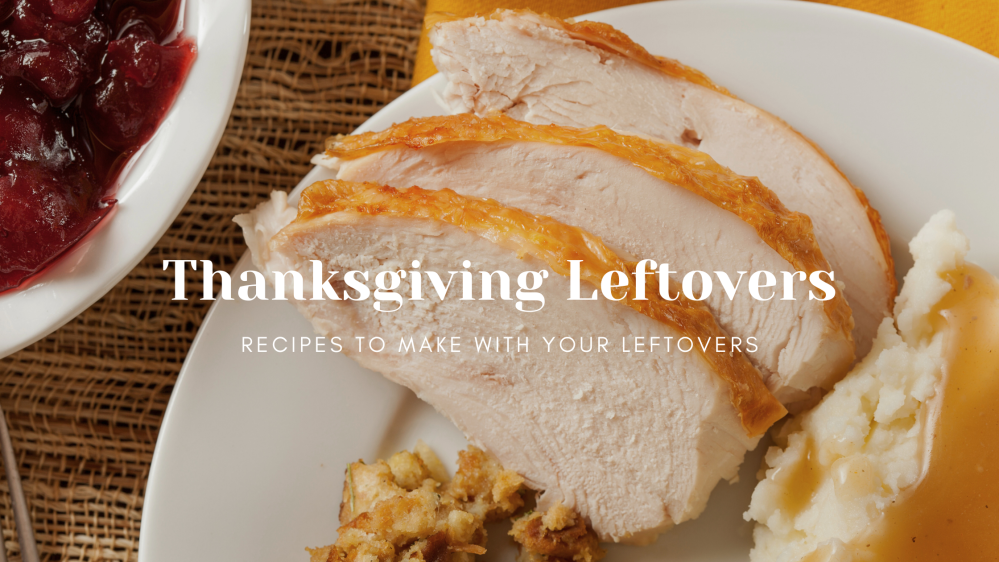 Plate with turkey, mashed potatoes, stuffing, and cranberry sauce. Text: Thanksgiving Leftovers.