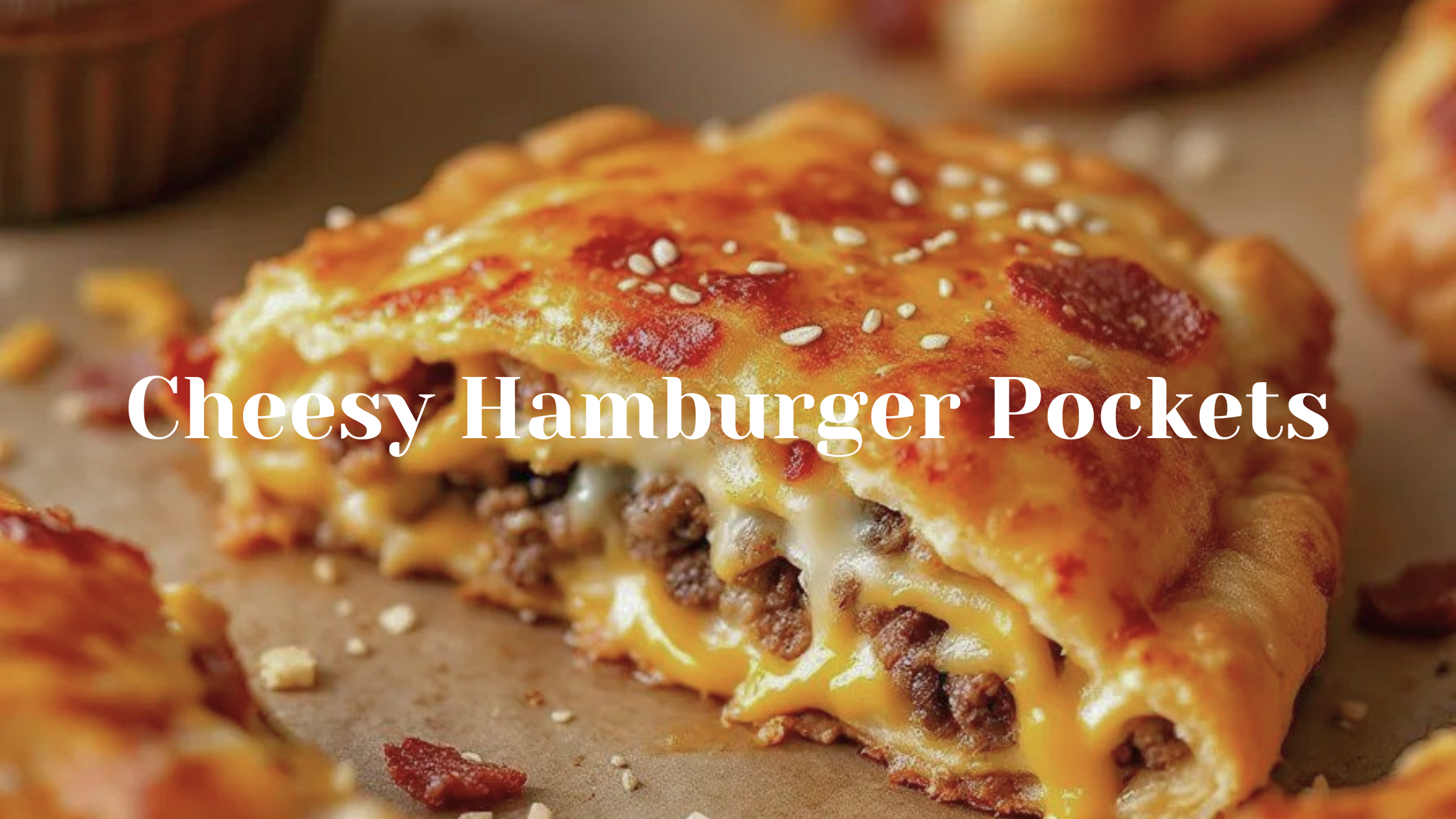 Cheesy hamburger pocket with sesame seeds, filled with melted cheese and beef.