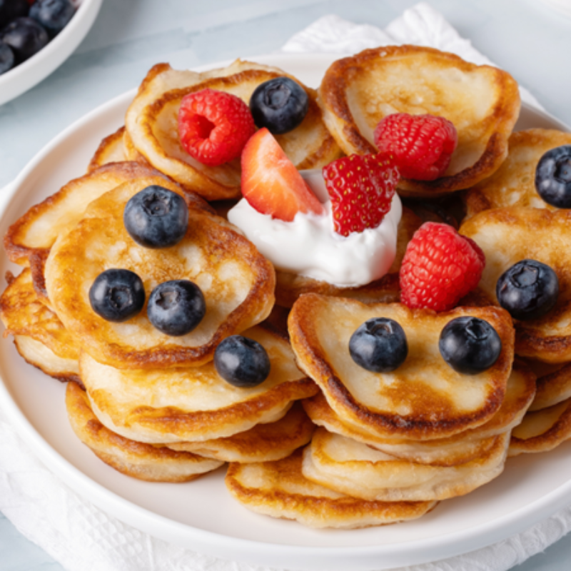 Plate of mini pancakes topped with blueberries, raspberries, and cream.