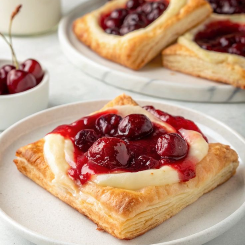 Cherry pastries on a plate with a bowl of cherries nearby.