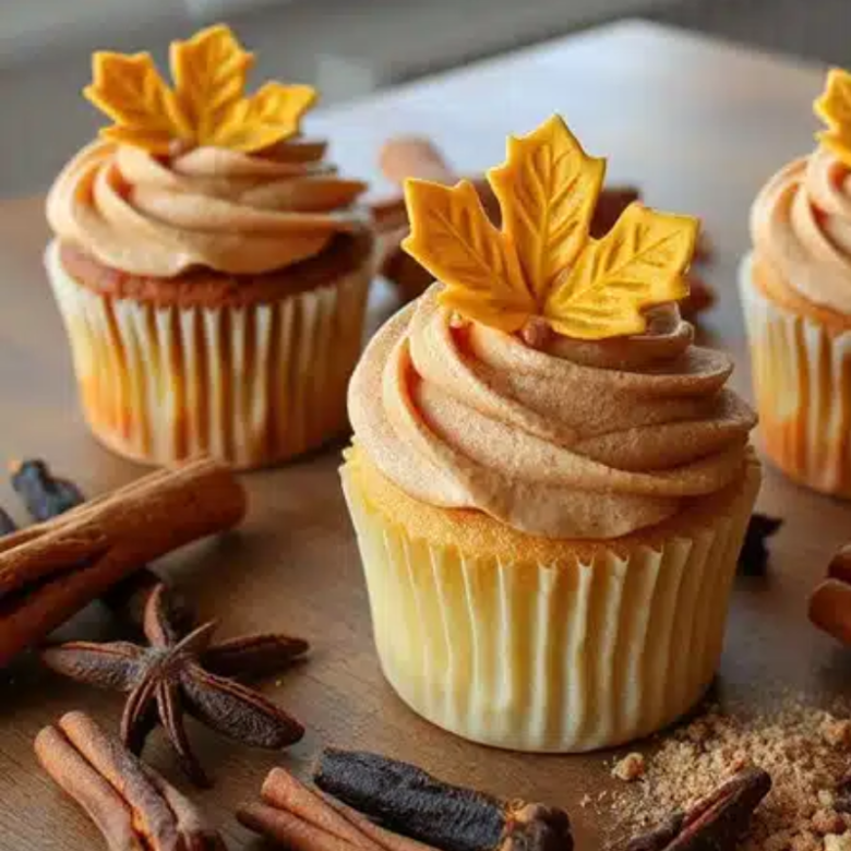 Cupcakes with autumn leaf toppers and cinnamon sticks.