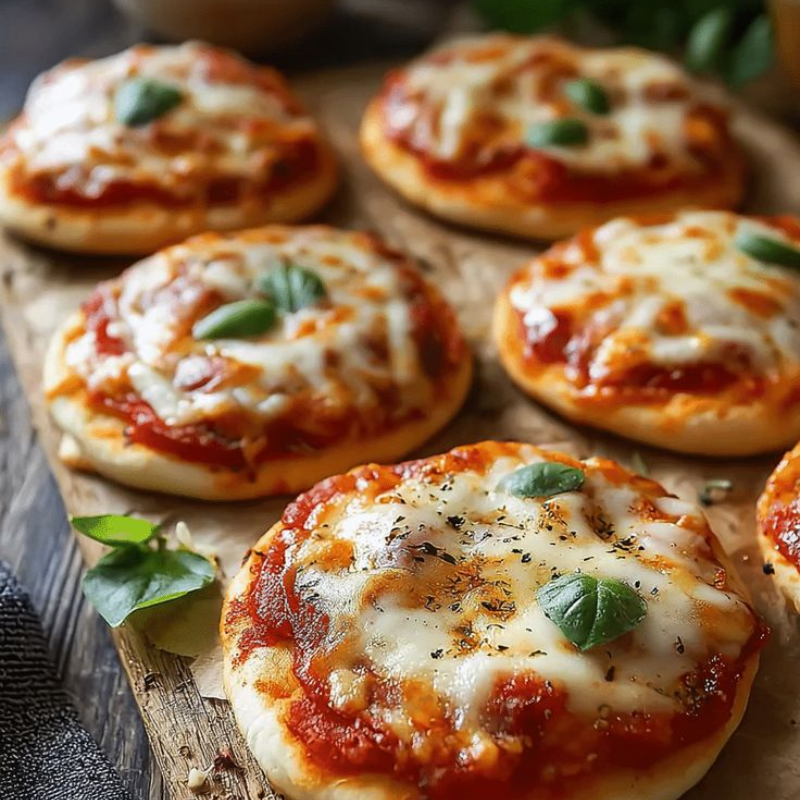 Mini pizzas with mozzarella and basil on wooden board.