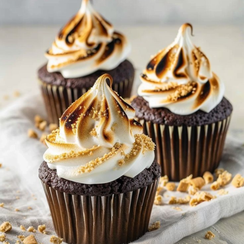 Three chocolate cupcakes with toasted meringue topping.