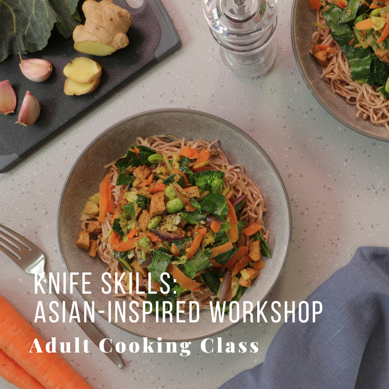 Noodles with vegetables on plates, knife and ingredients on side.