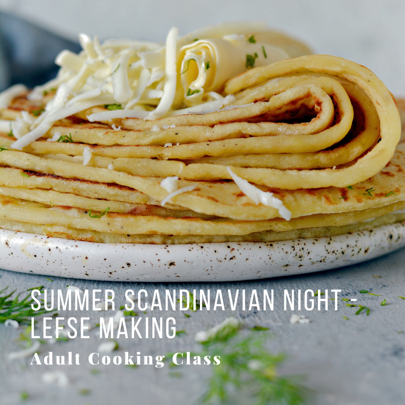Close-up of rolled lefse with shredded cheese on top, text about Scandinavian cooking class.