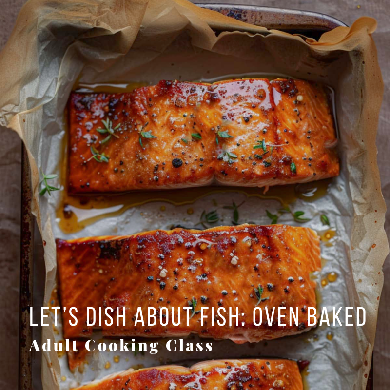 Oven-baked salmon fillets on parchment with herbs and glaze.