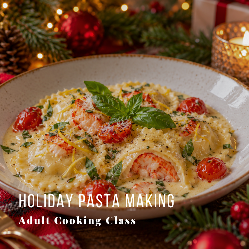 Festive plate of pasta with lobster, tomatoes, basil, and holiday decorations.