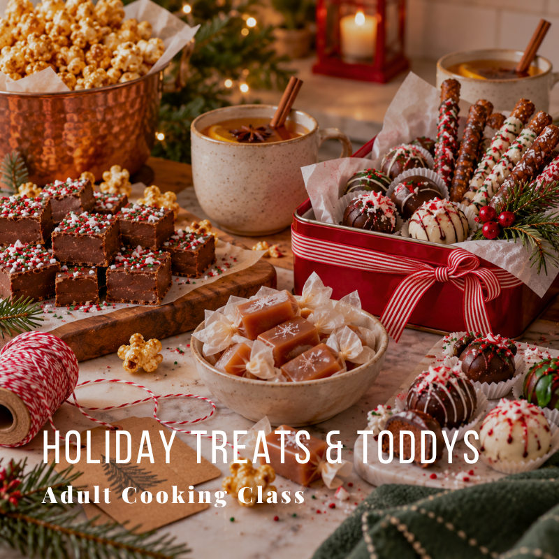 Assorted holiday treats and drinks with festive decorations on a table.