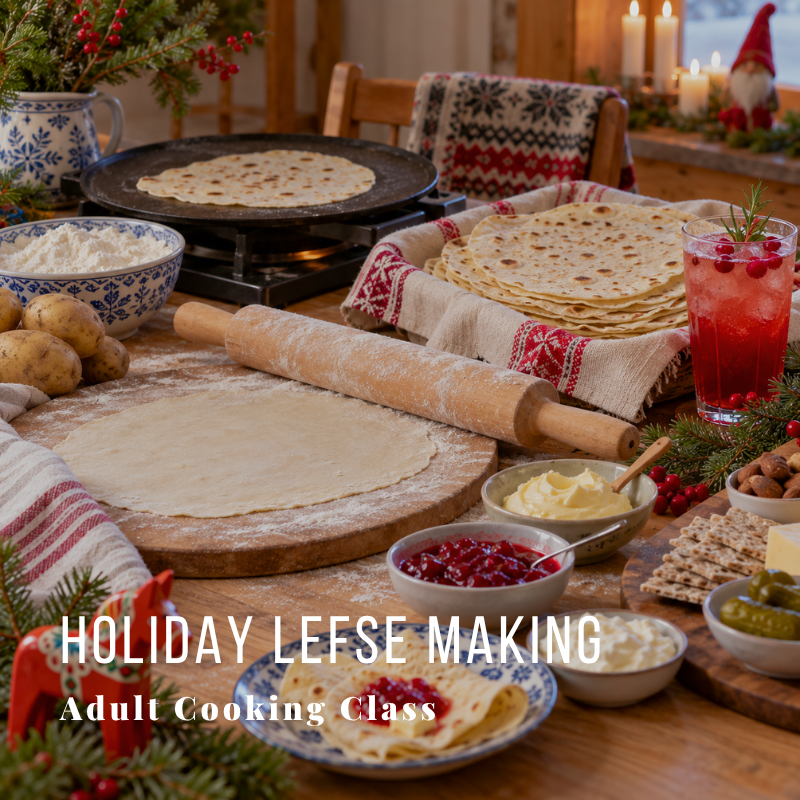 Cozy kitchen preparing lefse with ingredients and holiday decor.