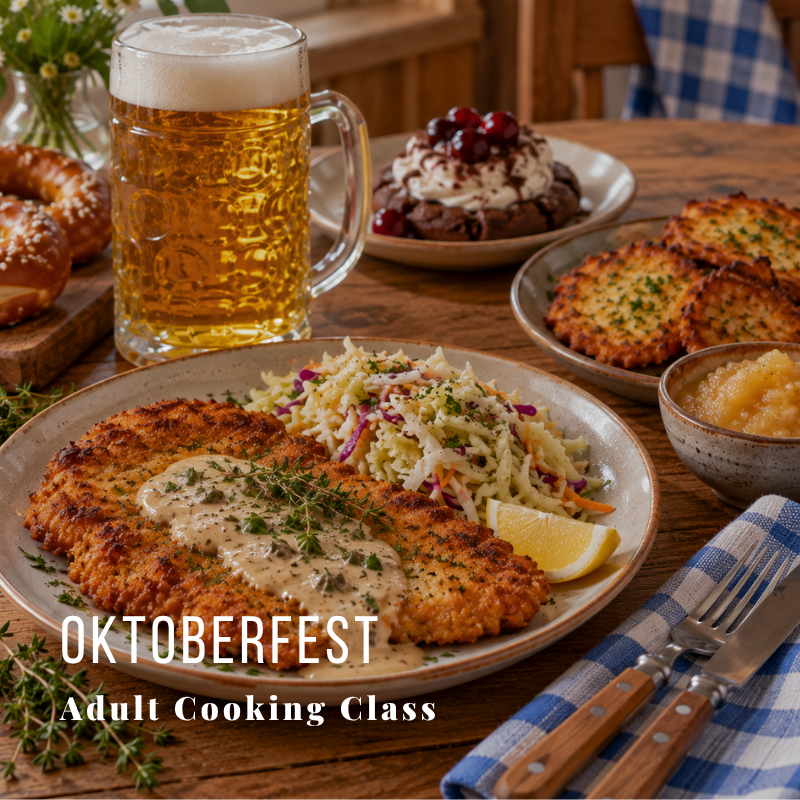 Plate of schnitzel, coleslaw, and lemon wedge, with beer, dessert, and latkes on a wooden table.