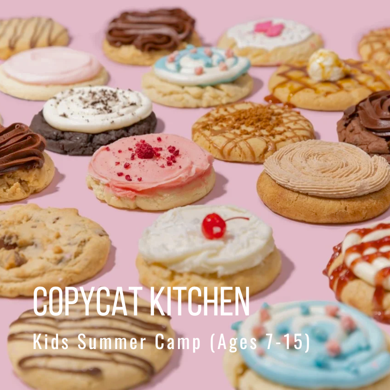 Assorted frosted cookies on pink background with text advertising kids summer camp.