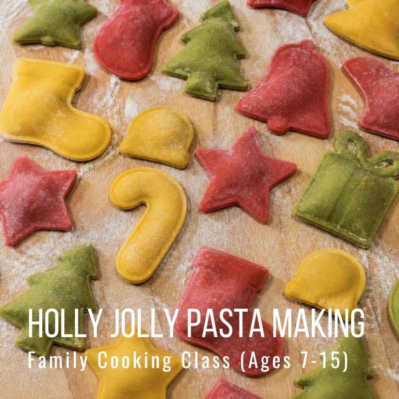 Festive pasta shapes on floured surface with text 'Holly Jolly Pasta Making.'