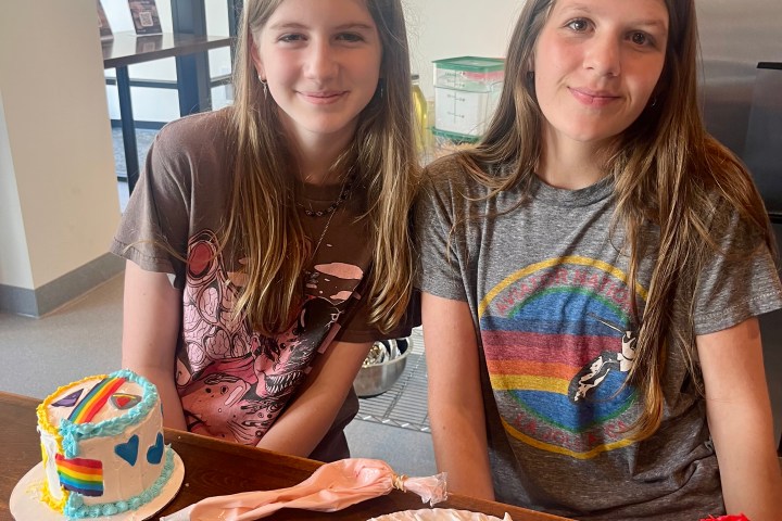 Two girls smiling at a table with decorated cakes.
