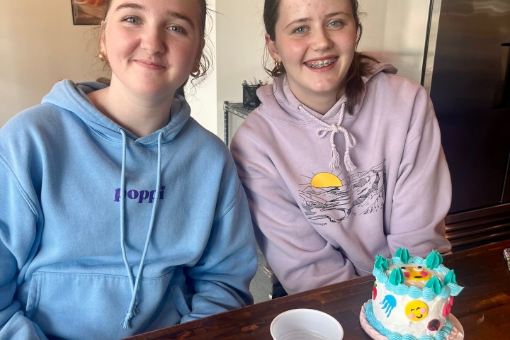 Two people smiling at a table with decorated cakes.