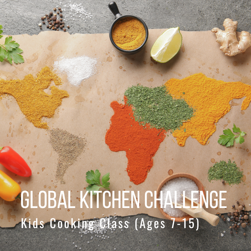 World map made of spices on paper with cooking class info and vegetables.