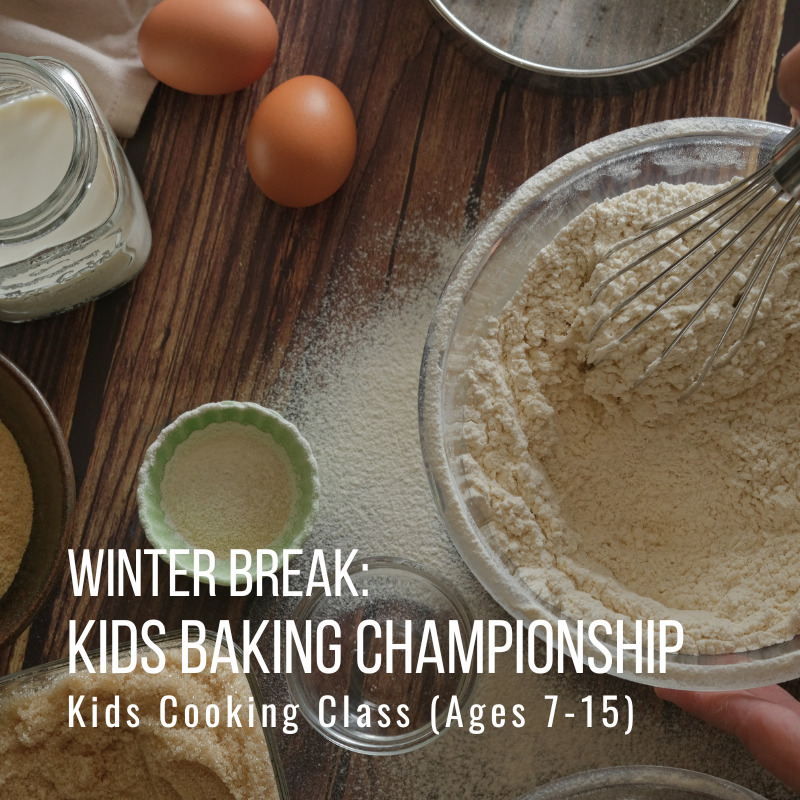 Ingredients and tools for baking with text about a kids baking class.