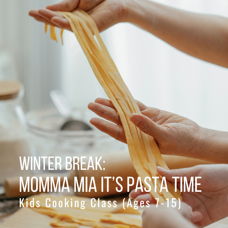 Hands stretching long pasta, advertising kids' cooking class.