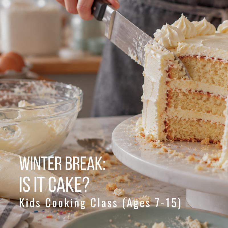 Person cutting a layered cake with a knife, cream on top, with text about a kids cooking class.