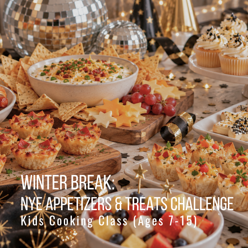 Variety of appetizers on table with festive decorations, text: NYE Appetizers & Treats Challenge Kids Cooking Class.