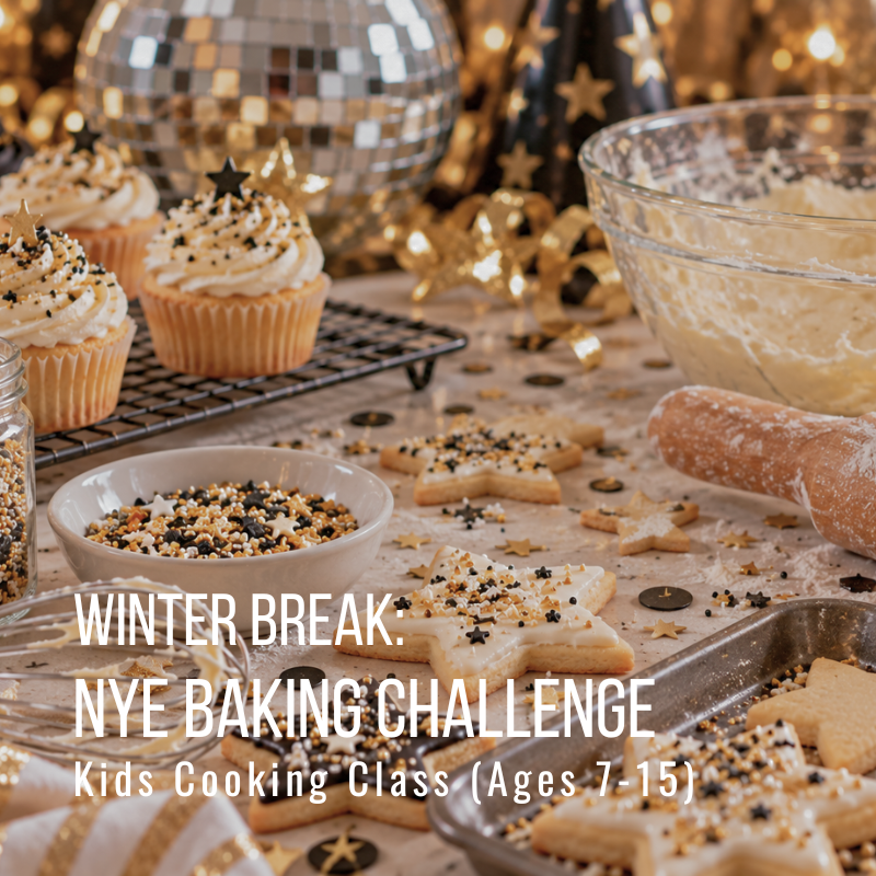 Cupcakes, cookies, baking tools, festive New Year theme.