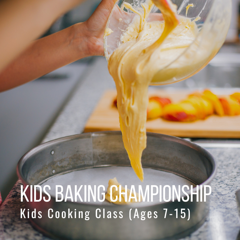 Child pouring batter into round baking pan, kitchen counter.