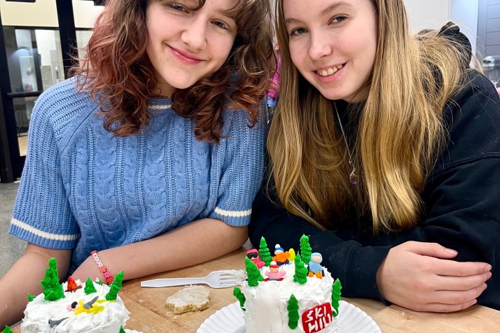 Two people smiling with decorated cakes on a table in a kitchen.