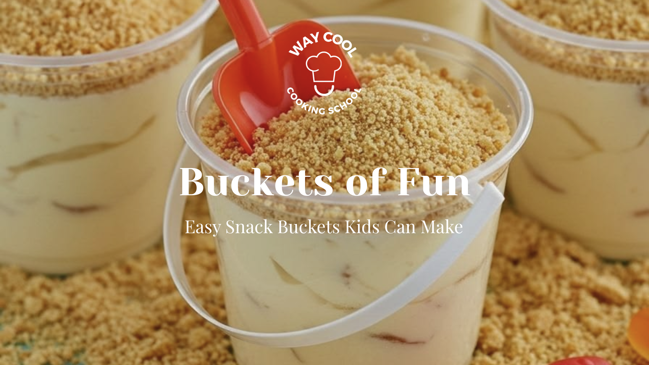 Small buckets filled with pudding and crushed toppings displayed with a red spoon.