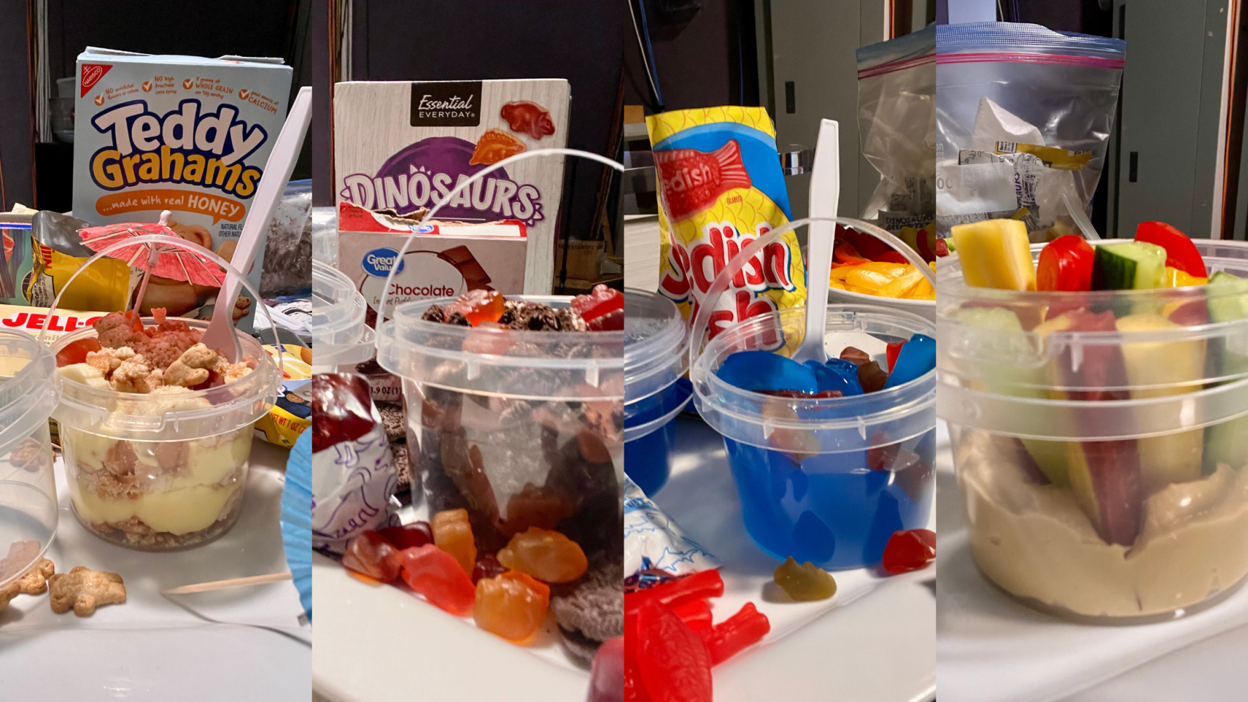 Assorted snacks including cookies, gummy bears, fruit, and pudding on a table.